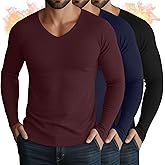 Sweetyweee 3 Pack Men's Thermal Shirts Big and Tall Fleece Lined Long Sleeve V Neck Base Layer Raglan Curved Hem Warm Tops