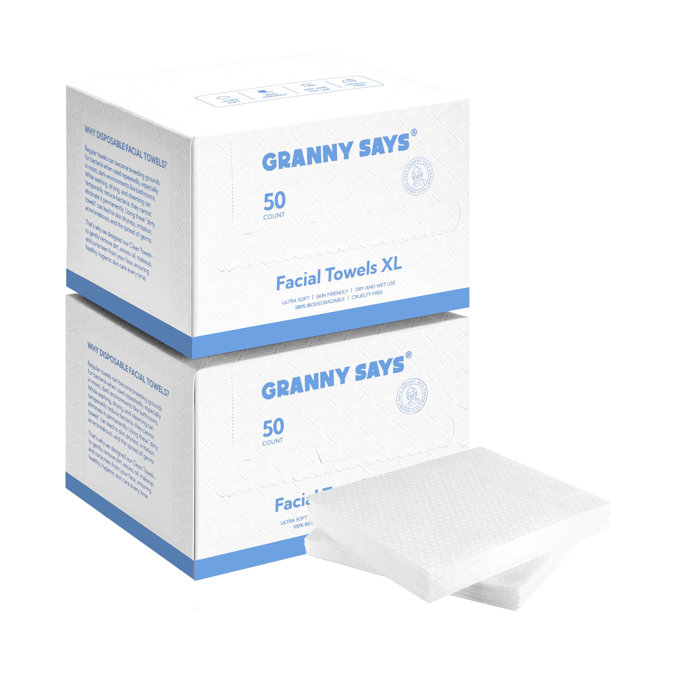 GRANNY SAYS Face Towels Disposable, 100 Count Face Wipes XL, Disposable Face Cloths, Ultra Soft Facial Wipes, Face Cleansing Wipes, Clean Towels for Facial Cleansing, Makeup Remover Dry Wipes