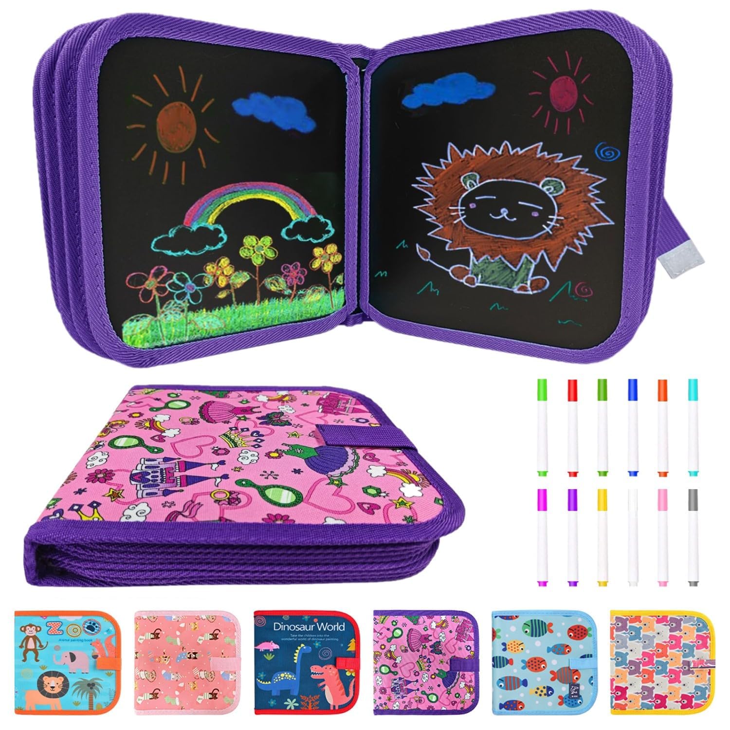 Funkprofi Erasable Coloring Book for Kids, Portable erasable Graffiti Drawing Book,Erasable Doodle Books for Kids 14 Pages Reusable Drawing Board with 12 Colored Pencils,Purple
