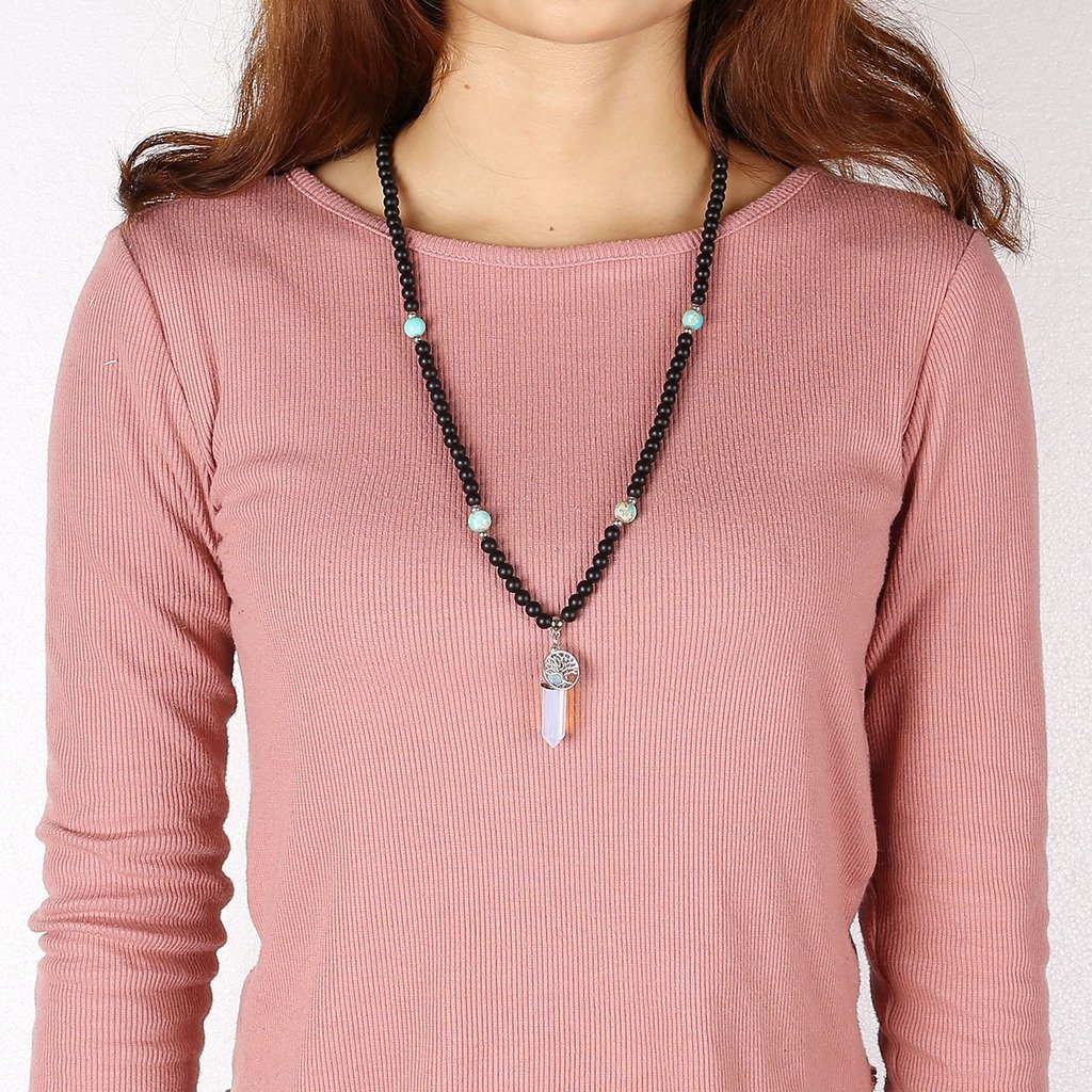 JOVIVI 6mm Matt Schwarz Achat Perlen Armband Buddha Armreif Wickelarmband Halskette mit Lebensbaum Hexagon Säulen Anhänger (Opalite)