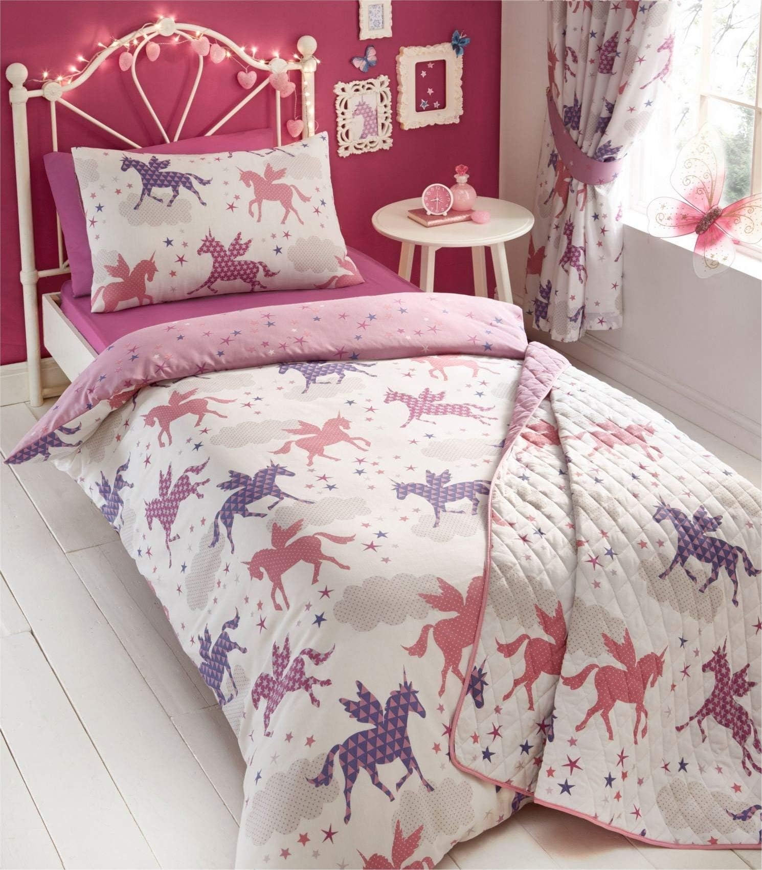 Kidz Club Divine Unicorn Duvet Quilt Cover and Pillowcase Bedding Set for Girls, Pink
