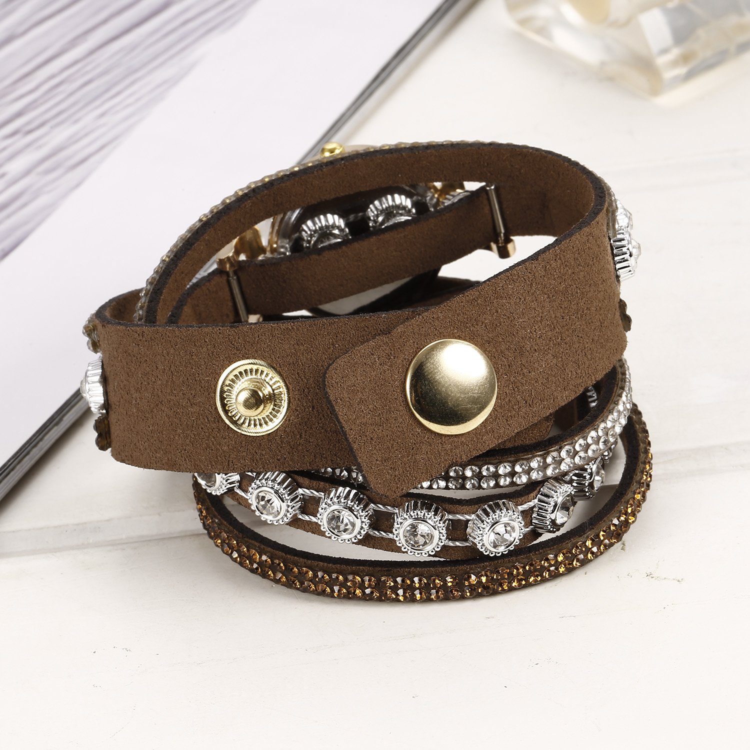 Zouvo Women Fashion Casual Decor Round Rhinestone Bracelet Watch (Coffee)