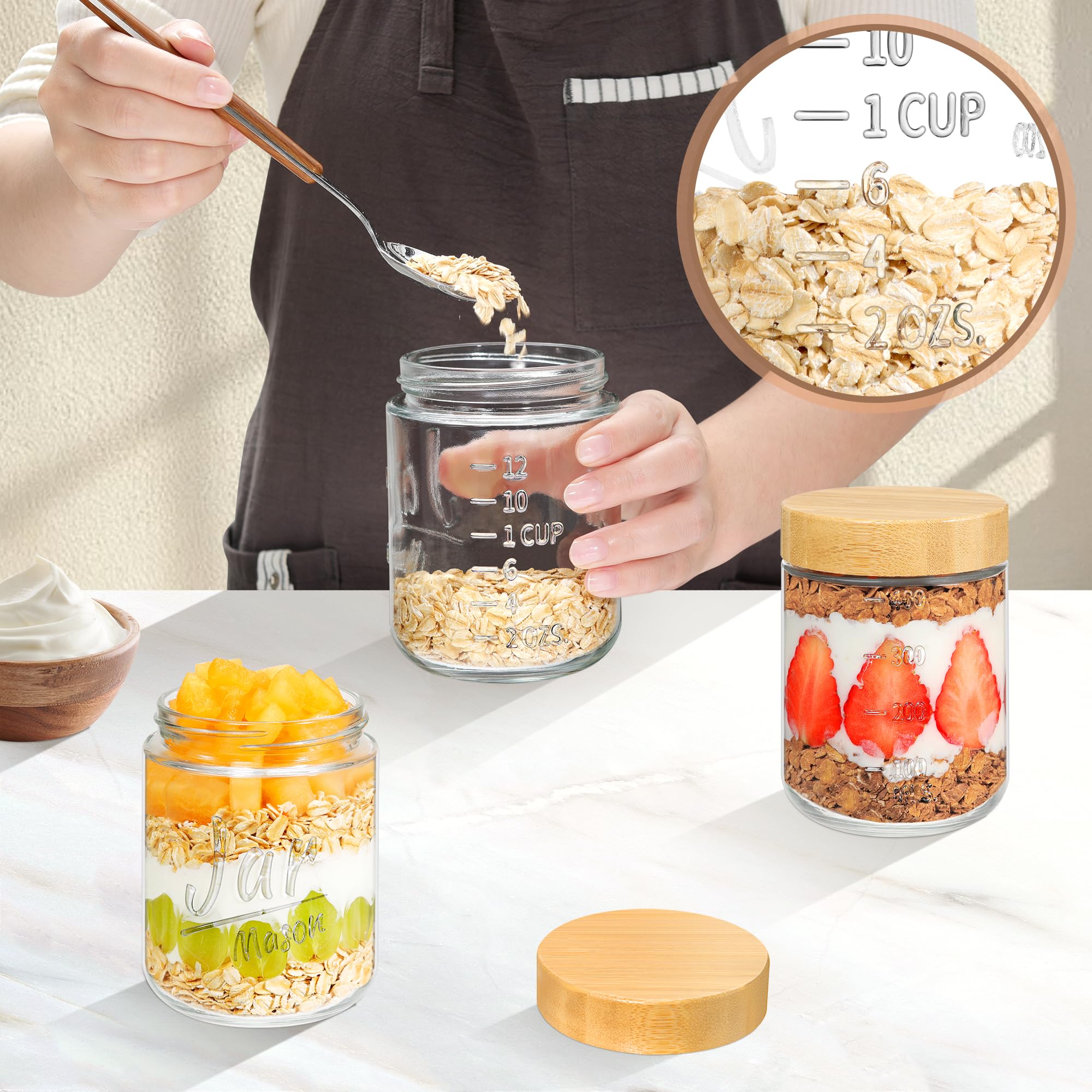 Xyptorix 4-Pack Overnight Oats Containers with Bamboo Lids, 16oz Airtight Glass Meal Prep Jars for Oatmeal, Yogurt, Parfaits, Chia Pudding, Leakproof Mason Jars for Overnight Oats & Food Storage