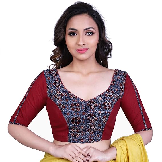 Women's South Cotton Ajrakh Print Stitched Blouse (D-005329-Red)