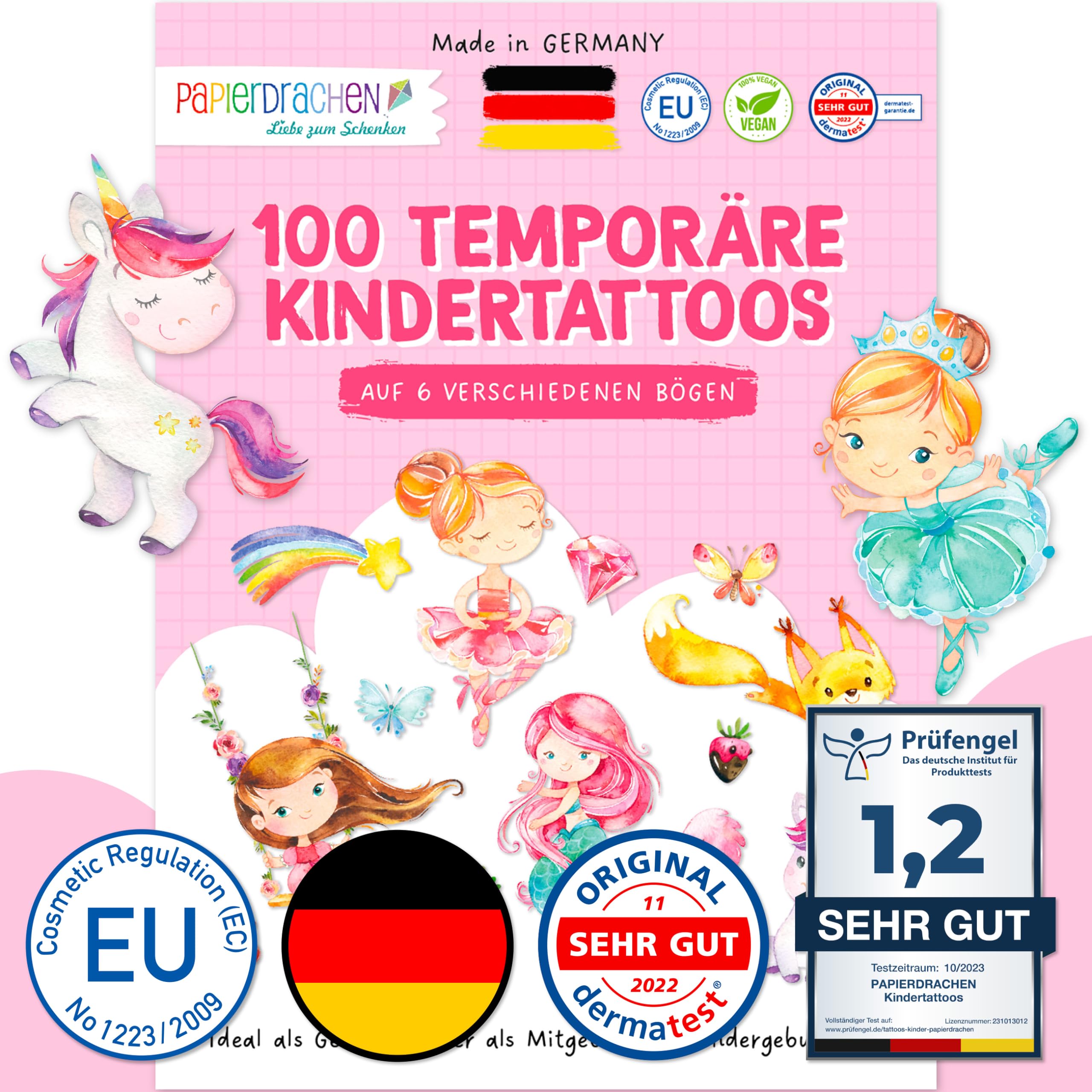 100 tattoos to stick on - children's tattoos with forest animals, unicorns, mermaids, princesses and other child-friendly designs - as a birthday present or gift idea