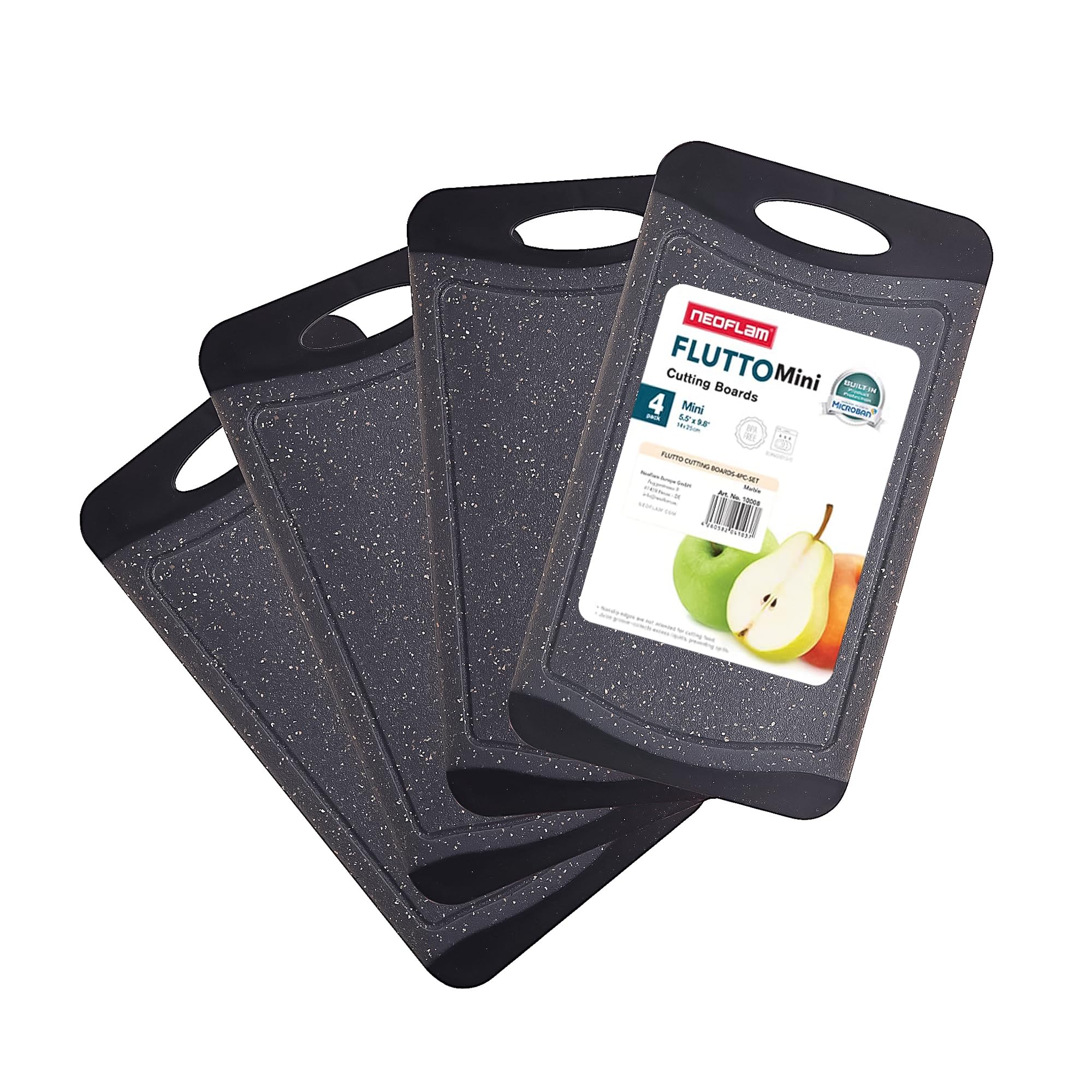 Neoflam® Plastic Chopping Board Set of 4, Antibacterial, Microban®, Dishwasher-Safe, Kitchen Boards with Juice Groove, BPA-Free, 25 x 14 x 0.8 cm, Granite/Black