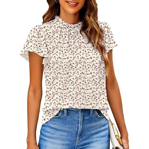 Dokotoo Women's Floral Print Blouse – Smocked Puff Sleeve Crewneck Babydoll Top – Casual Tunic Shirt