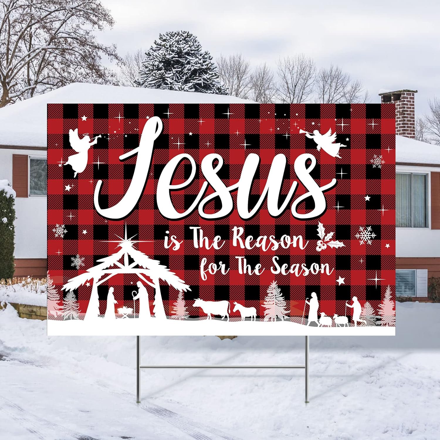 Yard Signs - 20 Inch Christmas Holy Nativity Yard Sign with Stakes Jesus Is the Reason for Season Lawn Sign Manger Scene Religious Xmas Yard Signs Decorations Outdoor for Religious Xmas Outdoor Party Decor (Red)