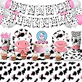 Sekeline Cow Theme Birthday Party Decorations - Plates, Napkins, Cups, Cutlery, Banner, Cake Topper, Balloons, Tablecloths - Pink, Animal Print - 125 Count