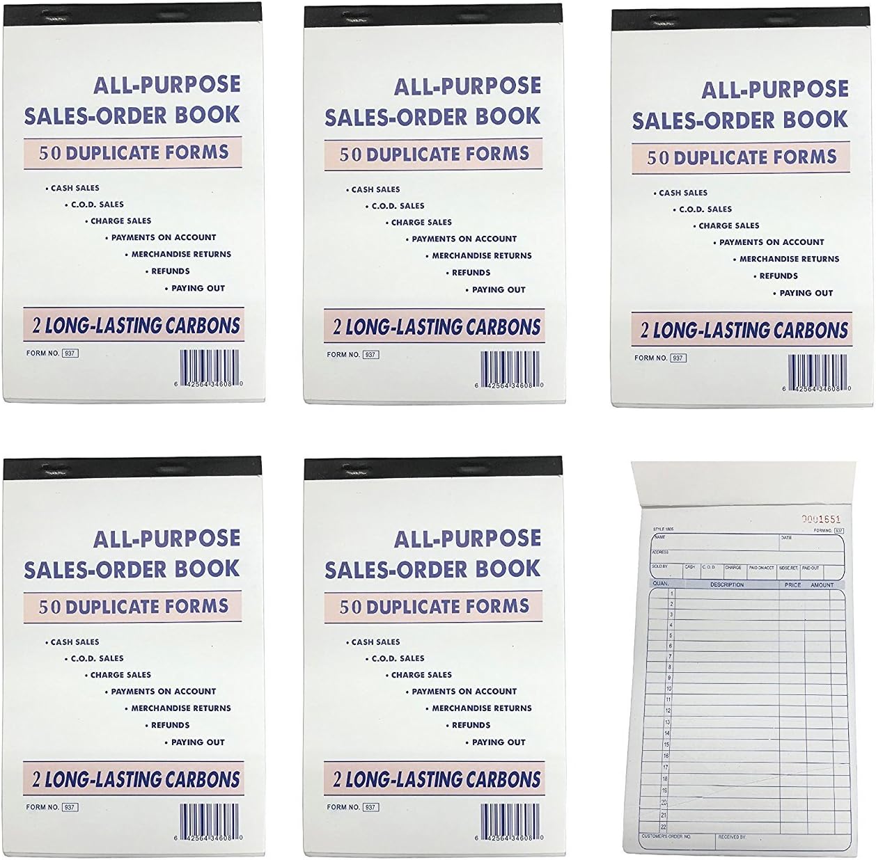 QSHOP 5 Pack Lot Sales Book Order Receipt Invoice Carbonless Copy 50 Sets (5Pack Large)