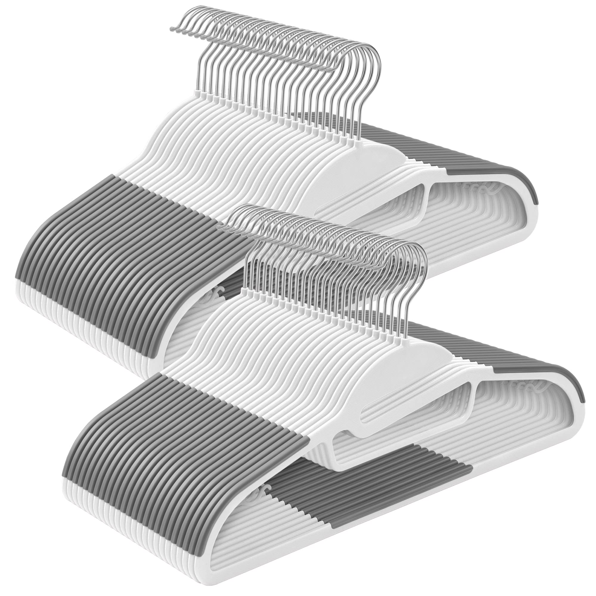 SONGMICS Set of 50 Plastic Hangers, Coat Hangers with U-Shaped Opening, Space-Saving, 0.5 cm Thick, 41.5 cm Long, 360° Swivel Hook, White and Dark Grey CRP041W04