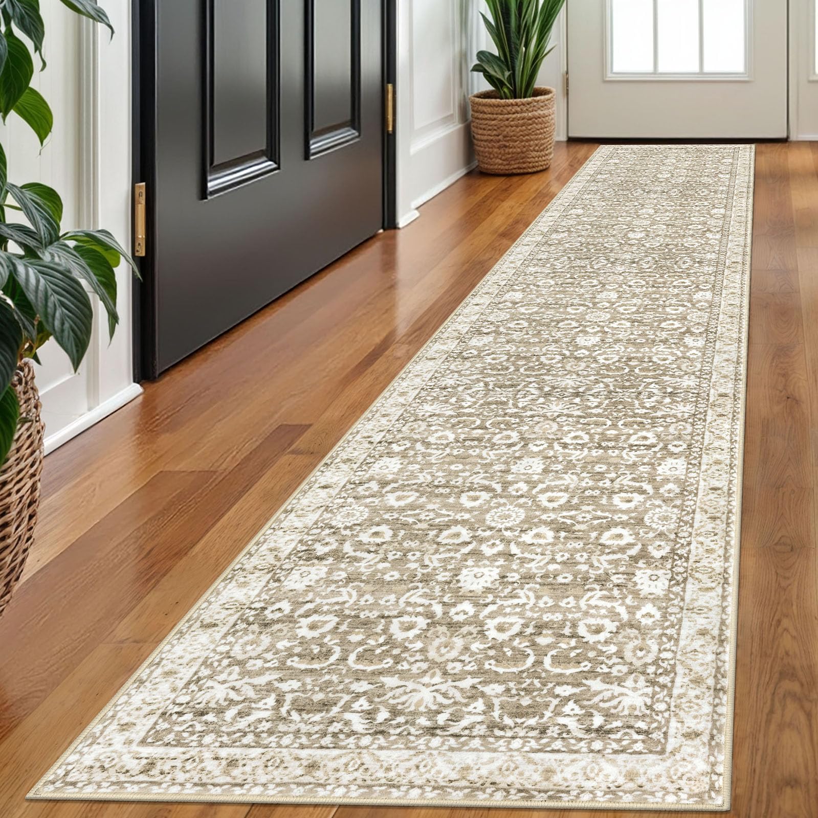 Lansny Runner Rug 2x10, Beige Tan White Washable Long Hallway Rug Runner Non-Slip Soft Kitchen Runner Thin Printed Faux Wool Super Soft Carpet for Entryway Bedroom Laundry Room Indoor Home Decor Image
