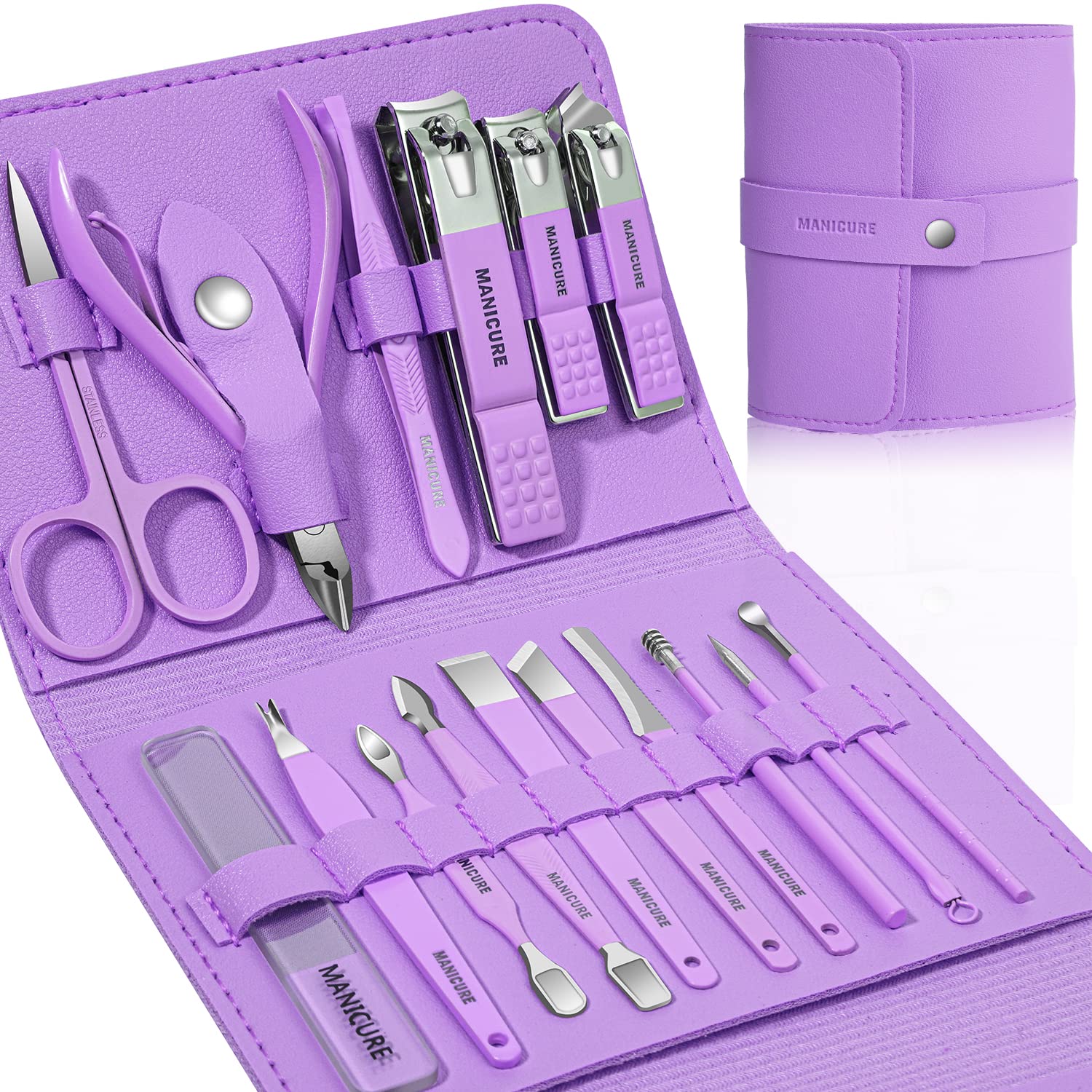 Manicure Set Professional Nail Clippers Pedicure Kit, 16 pcs Stainless Steel Nail Care Tools Grooming Kit with Luxurious Travel Leather Case for Thick Nails Men Women Gift (Violet) — image 1
