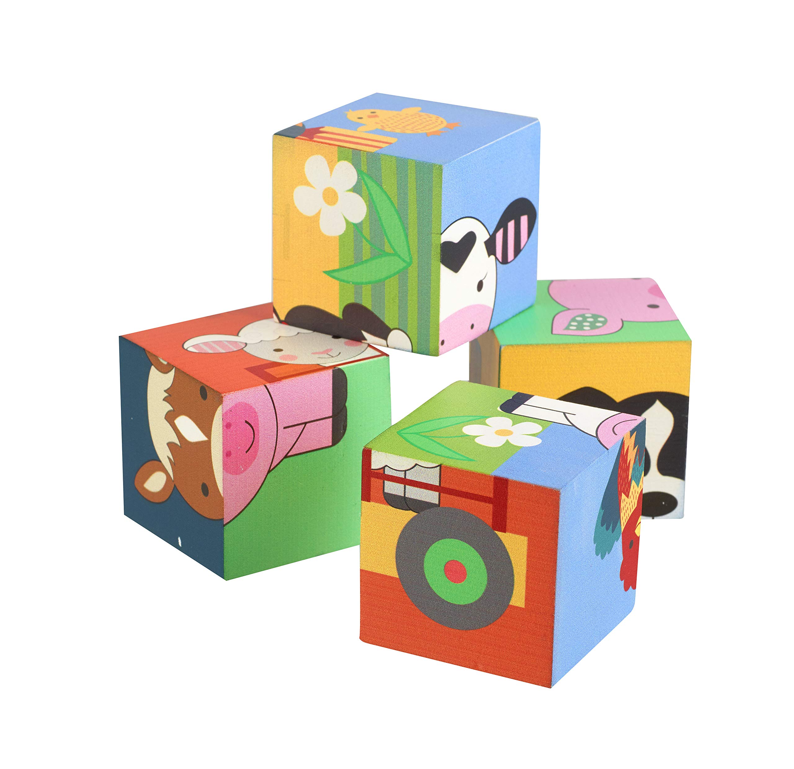 Farm Animal Puzzle Blocks - Wooden Cube Jigsaw Puzzle, Stacking Toys - Blocks with 6 Designs for 1 year old Toddler - Early Development & Activity Toys, Montessori Toddler Toys by Orange Tree Toys