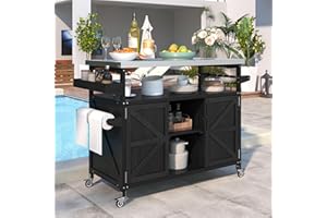 MEETFAV 50.25" W Grill Cart with Stainless Steel Tabletop - Outdoor Storage Cabinet for BBQ, Bar Patio Kitchen Island with Ample Storage and Lockable Wheels