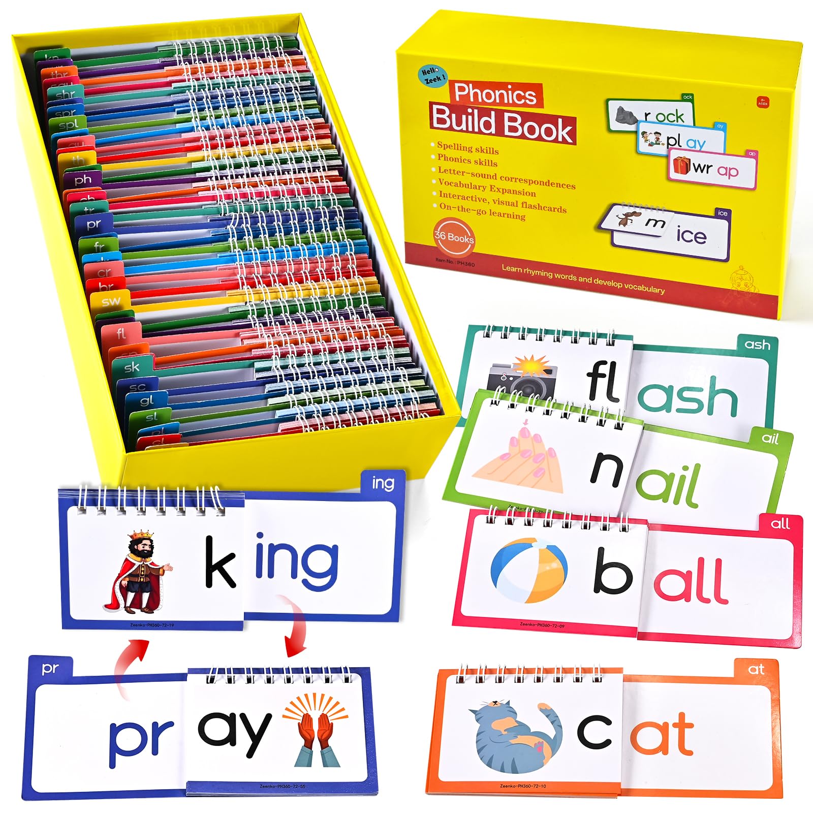 36 Double-Sided Read and Rhyme Flip Books for Kids, 720 Words Phonics Word Family Build Books, Alphabet Flash Cards, Learn to Read Educational Toys
