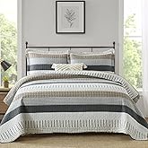 Finlonte Queen Size Quilt Set, 100% Cotton, Grey Striped Reversible Lightweight Soft Quilted Comforter Set for All Season, 3-Piece