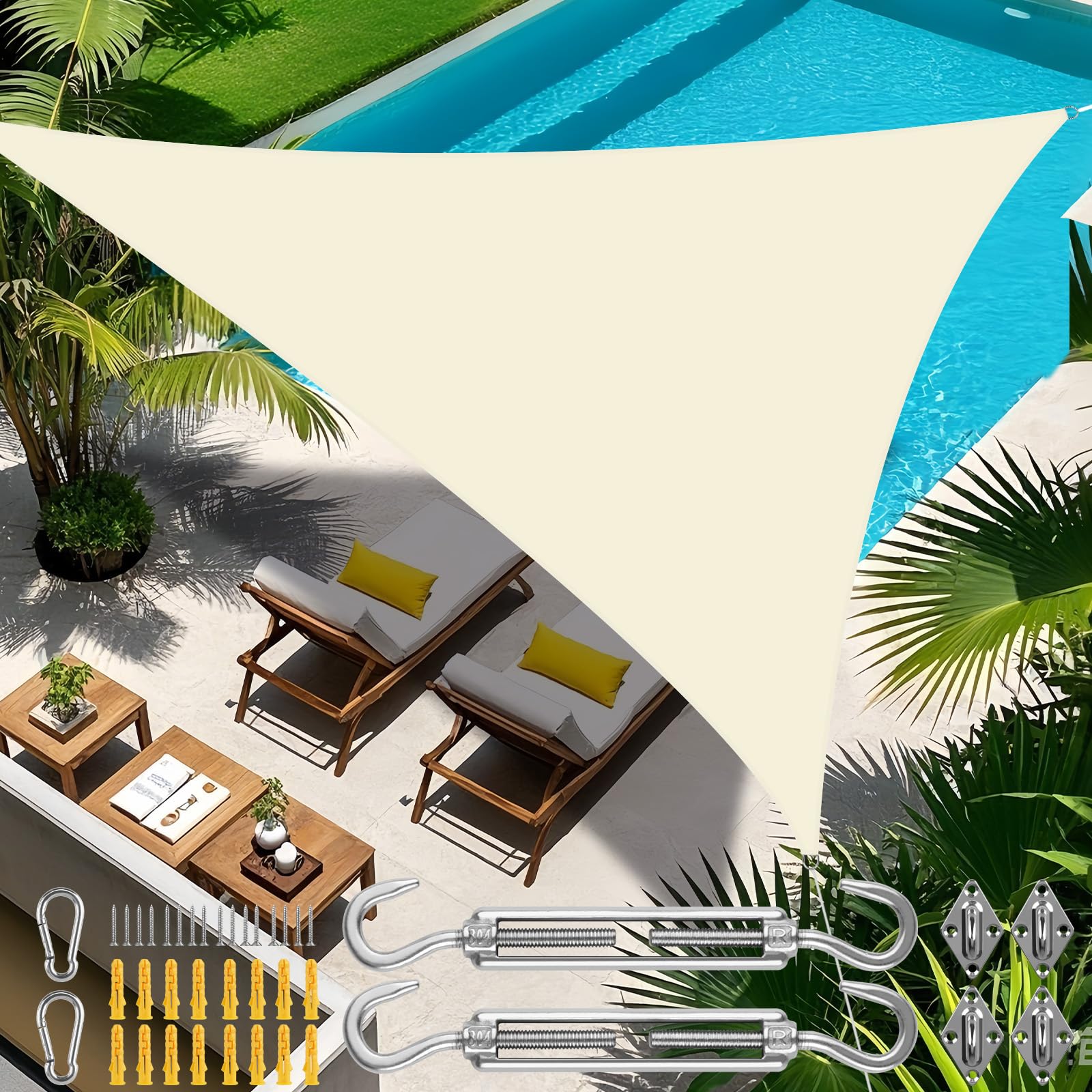 NAKIHOUSE Awning with 24 Mounting Kit, 2 x 2 x 2 m Waterproof Sun Protection Triangle Parasol Outdoor Canopy Garden Patio Pool Shades Awning Camping Shade (Beige White)