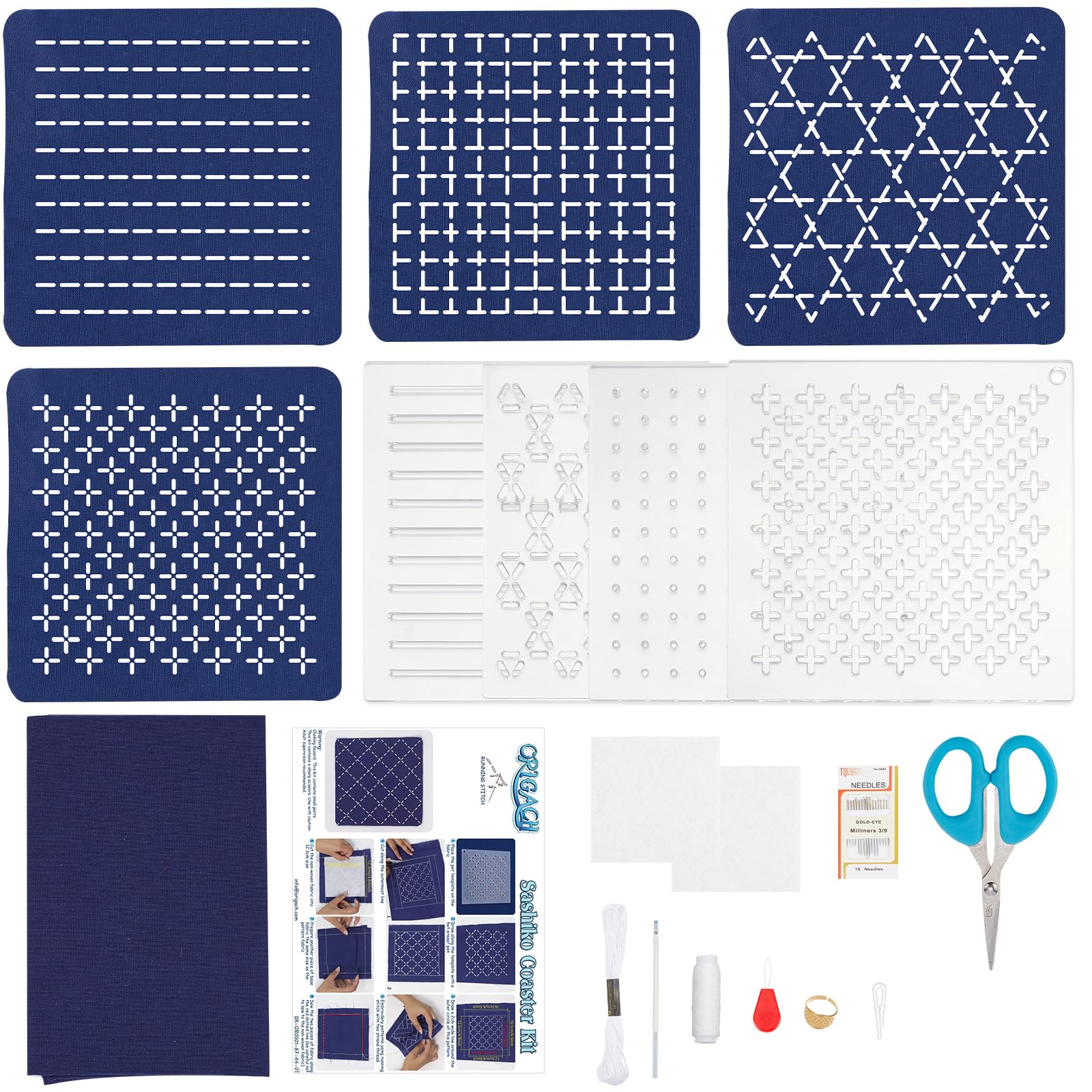 ORIGACH 4 Pcs Sashiko Template Coaster kit for Beginners Adults, All-in-one Sashiko Kit with Acrylic Sashiko Stencil, Needle, Thread, Cloth Instuction Accessories for DIY Coaster