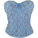 ELLACCI Women's Denim Rhinestone Corset Top Sexy Club Party Jean Bodysuit
