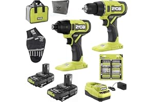 Cordless 2-Tool Combo Bundle with Ryobi 18-Volt Drill, Impact Driver, 50-Piece Drill Bit Set, (2) 1.5 Ah Batteries, Charger, Tool Bag, Buho Drill Holster, and Buho Zipper Tool Pouch