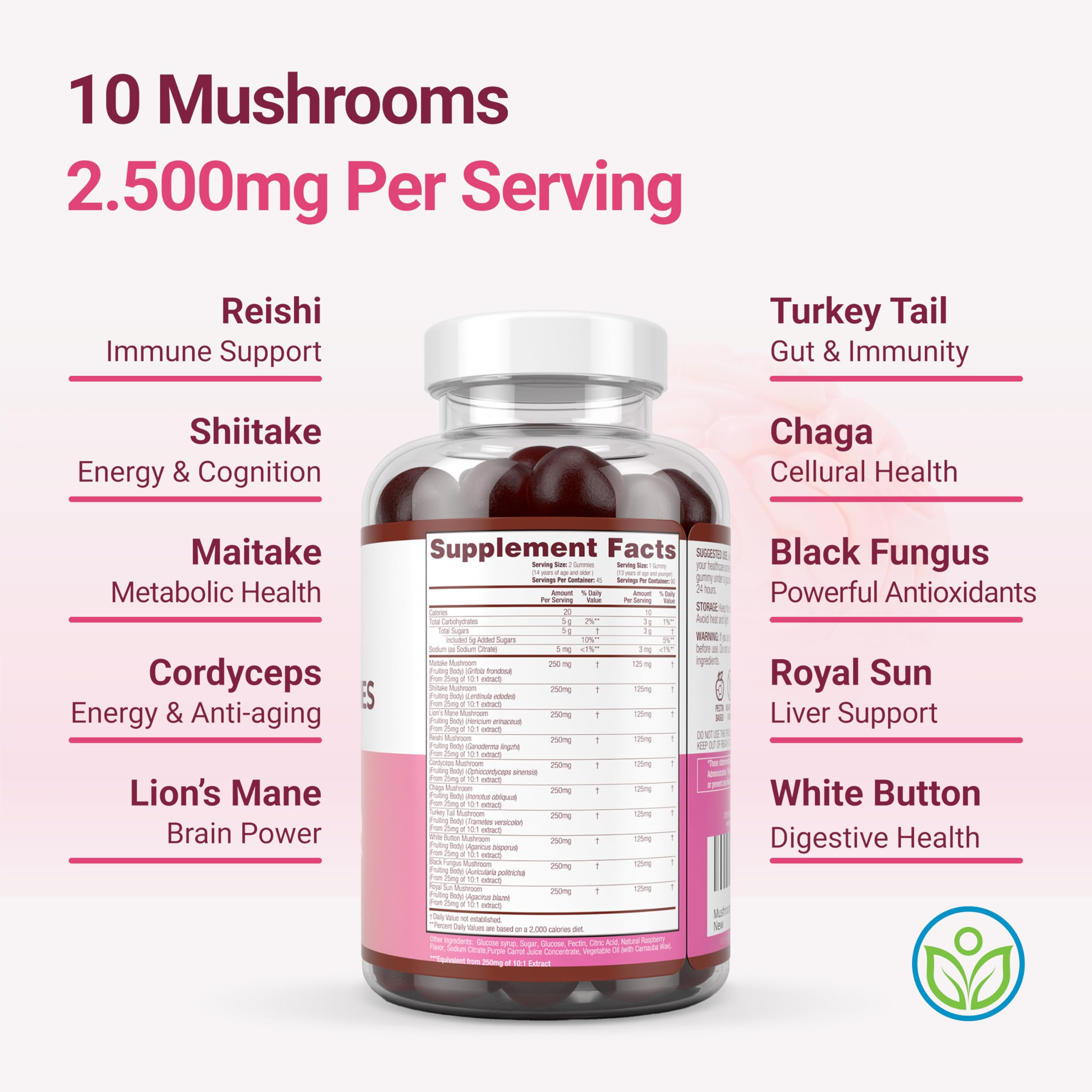 World's First Mushroom Complex Gummies - 10x Mushroom Supplement w Lions Mane (90 Chews 2500mg/serving) Nootropic Brain Supplement, Immune Support & Stress Relief - Replace Pills & Capsules