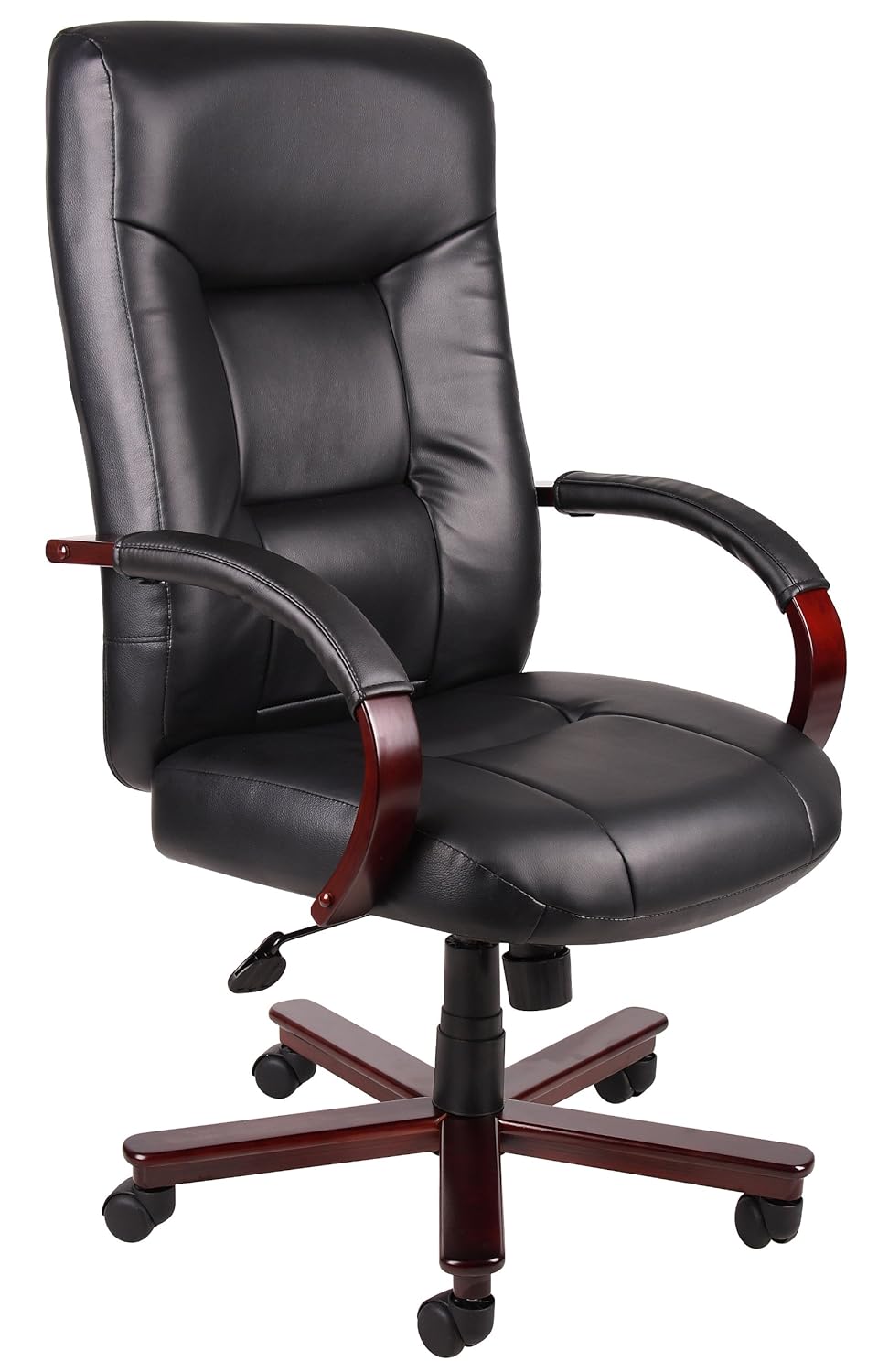 Boss Office Products B8901 Executive Leather High Back Chair With Mahgany Finish In Black