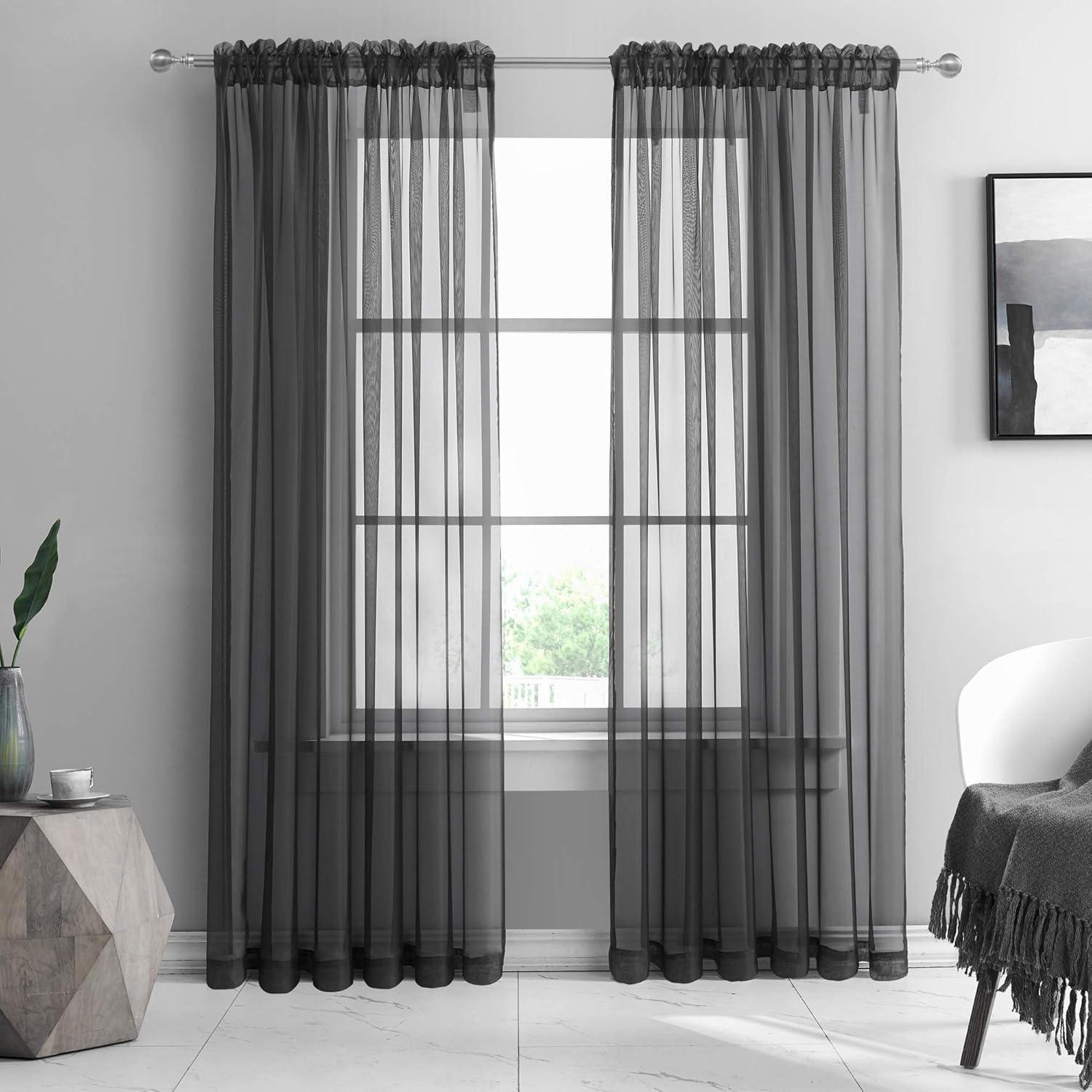 KEQIAOSUOCAI Sheer Black Curtains 84 Inch for Dining Living Room Soft Voile Rod Pocket Sheer Panels for Backdrop Bedroom Canopy 52Wx84L Set of 2