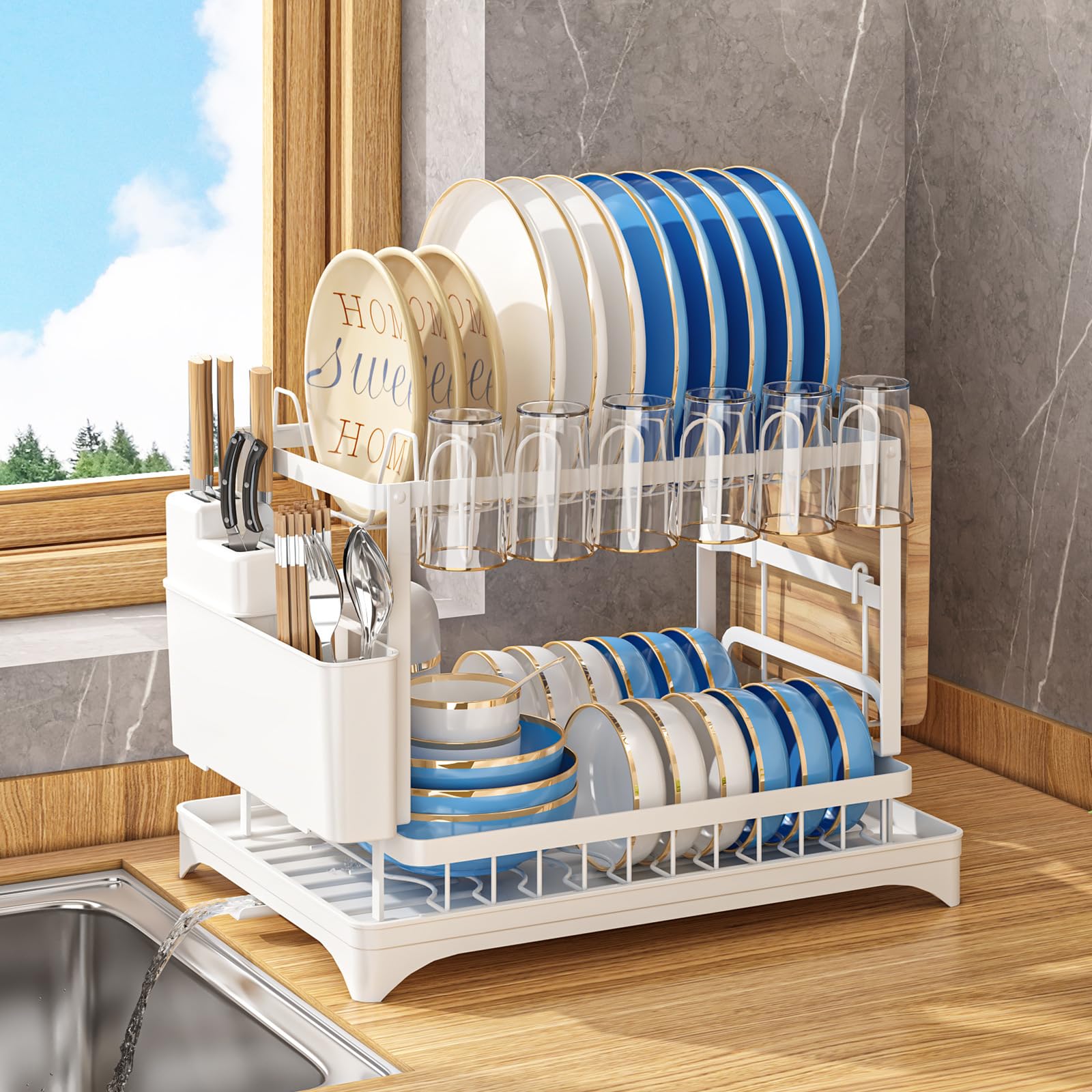 Photo 1 of Dish Drying Rack for Kitchen Counter, 2-Tier Stainless Steel Dish Drainer with Drainboard & Utensil Holder, Large Capacity Metal Kitchen Dishes Drying Rack Plate Organizer for Bowls/Cups/Bottles