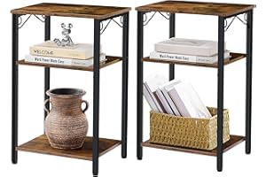 Hoctieon 3 Tier End Table Set of 2, Small Side Tables, Narrow Side Tables, Nightstands for Small Spaces, End Tables for Living Room Set of 2, Rustic Brown