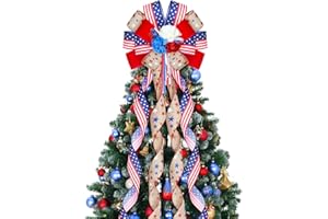 Riceshoot Large 4th of July Tree Topper 13 x 53 Inch Patriotic Bows for Wreath Red White Blue Wreath Bow with Flower Tree Decoration for Memorial Day Independence Day Home Indoor Outdoor