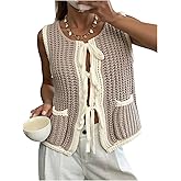 SweatyRocks Women's Tie Front Sweater Vest Chunky Knit Sleeveless Crewneck Cardigan with Pockets