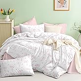 Bildenly Comforter Set Full Size White - Pink Bow & Floral Quilt Bedding Set 3 Pieces, Comforter Set Full, Soft & Lightweight Comforter(79‘’ x 90‘’) for Girl All Season & 2 Pillow Cases(30‘’x20‘’)