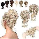 FeidyLong 2PCS Messy Bun Hair Piece Tousled Updo with Tendrils Wavy Curly Hair Bun Scrunchies Ponytail Extension Elastic Band Hairpieces For Women (Ash blonde mix Bleach Blonde)