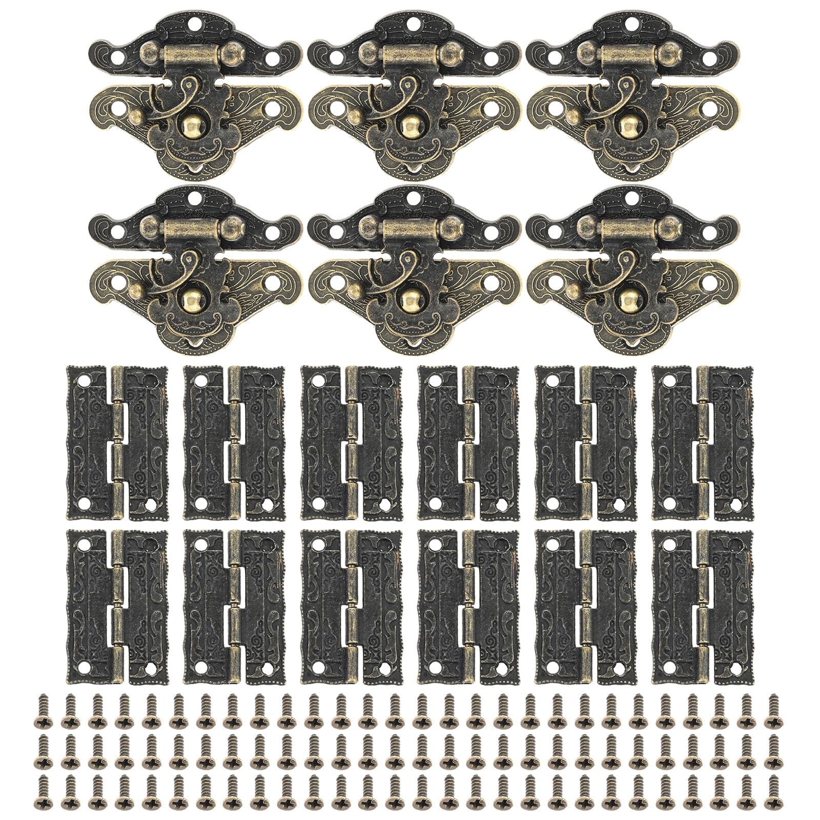 Yetaha Retro Style 6Set Hasp Latch, 12PCS Hinge & 6 PCS Padlock Lock Key Latch Clasp Set, Decorative Cabinet Jewelry Box with Butterfly Hinge and Box Corner Protectors