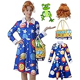 4 Pcs Ms Frizzle Dress Costume Women Teacher Halloween Costume Set with Wig School Bus Bag Plush Toys Accessories Set
