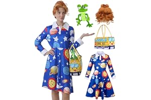 CORESPE 4 Pcs Ms Frizzle Dress Costume Women Teacher Halloween Costume Set with Wig School Bus Bag Plush Toys Accessories Set