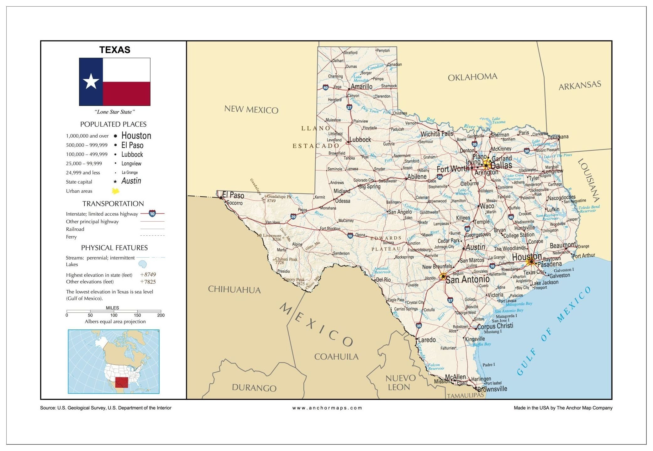 13x19 Texas General Reference Wall Map - Anchor Maps USA Foundational ...