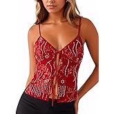Ythomm Women Sequin Cami Tank Tops Sparkle Rhinestone Sleeveless Camisole Tie Up Front Backless Y2k Crop Tops Summer Clubwear