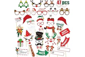 47 PCS Christmas Photo Booth Props - Holiday Party Decorations with Glasses & Hats for Kids Adults Christmas Supplies