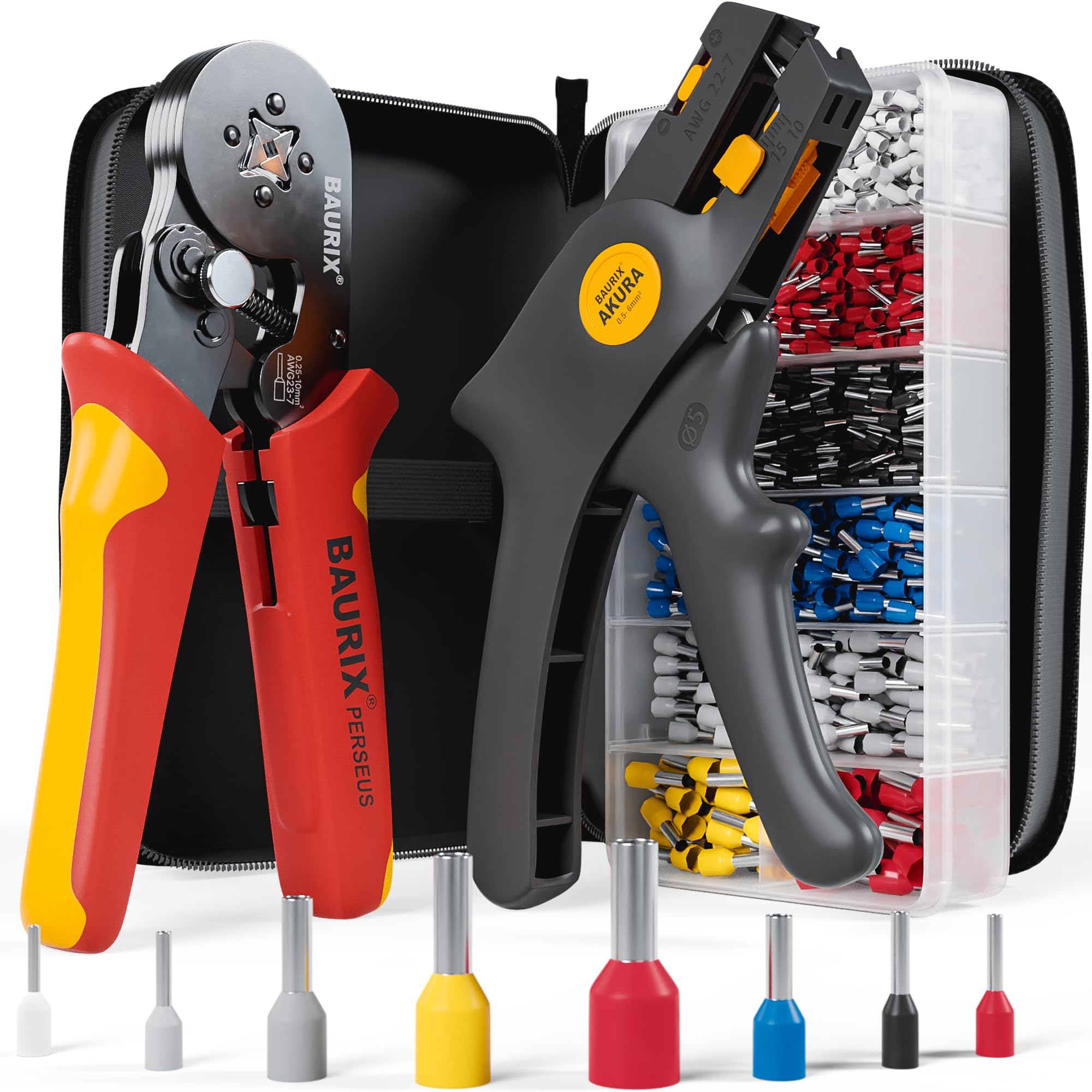 BAURIX® Crimping Tool Set with 1800 Wire Ferrules and Wire Stripper – Self-Adjusting Ferrule Crimping Pliers for 0.25–10 mm² – Crimping Pliers – Cable Stripper – Crimp Tool – Wire Crimper