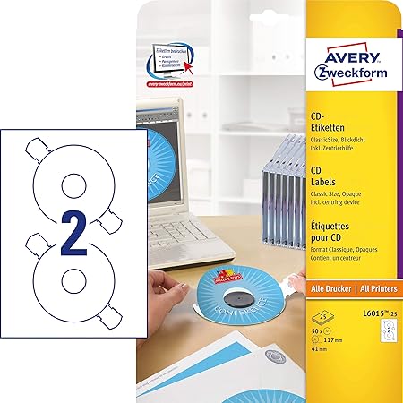 AVERY Zweckform L6015-25 CD-Etiketten inkl. Zentrierhilfe (117 mm, 25 Blatt/50 Etiketten) weiß