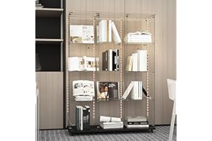 Yoluckea 4 Tiers Glass Display Cabinet Extra Large with Bluetooth LED Light Strip, 2 Doors Floor Standing Curio Cabinet with Universal Wheel for Home, Black Glass Bookshelf for Collections, Clear Top
