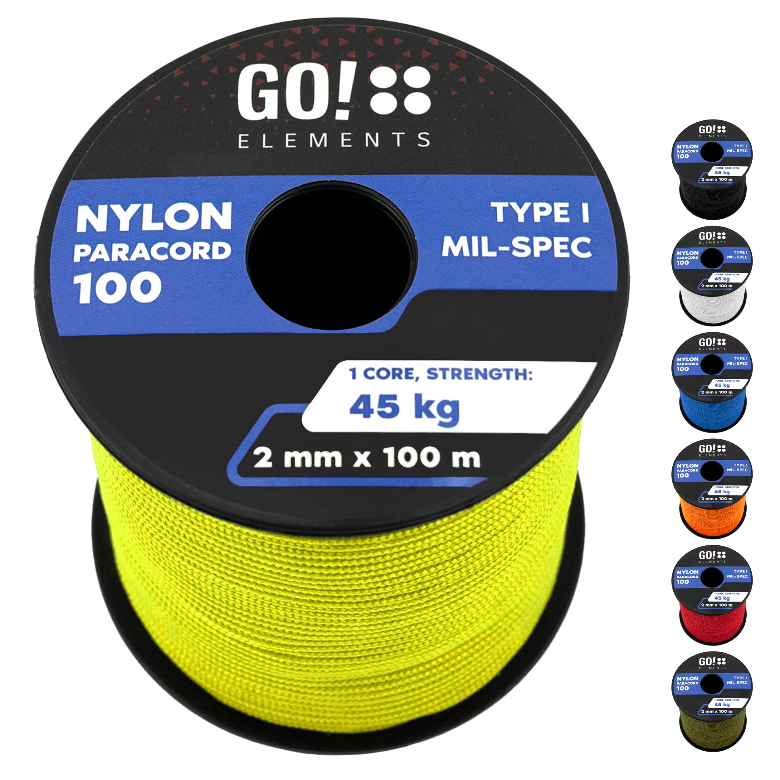 GO!elements Paracord 100 Type I Survival Cord 2 mm Tear-Resistant Nylon Cord 100 Tear-Resistant up to 45 kg Suitable as All-Purpose Rope / Rope / Cord / Brick Cord / Colour: Neon
