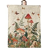 jwyta Vintage Mushroom Forest Flannel Blanket,Botanical Throw with Butterfly,Fern and Snail,Woodland Design,Lightweight Fleece Blankets for Nature Lover,Couch,Cabin,Bed,Camping Decor Gifts,60x50in