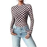 Floerns Women's Checker Print Long Sleeve T Shirts Sheer Mesh Plaid Print Tops