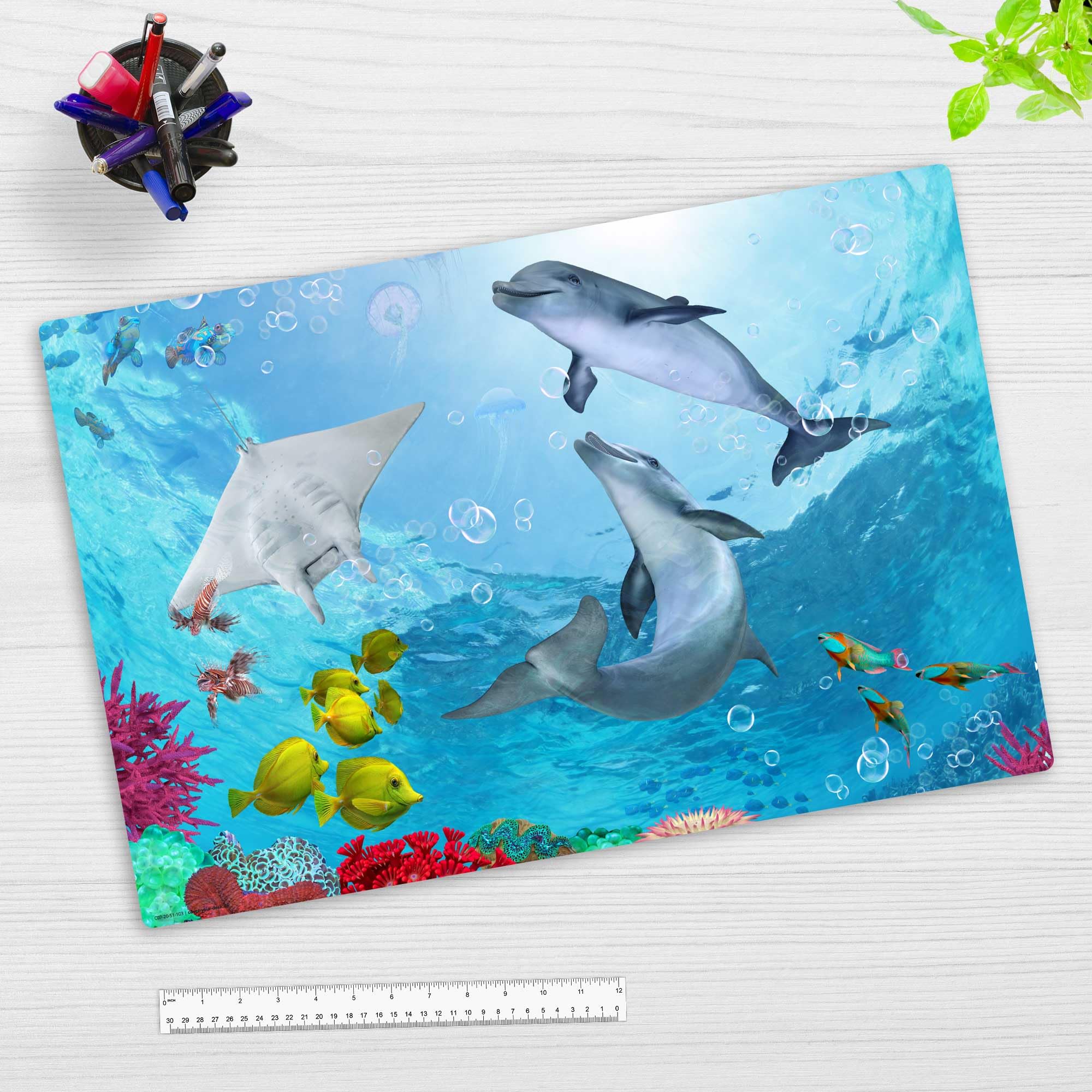 Desk pad for Children and Adults - Dolphins Underwater - Made of Premium Vinyl (Plastic) - 60 x 40 cm - Non-Slip Desk Mat with Best Protection - Made in Germany