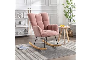 Affmitime Nursery Rocking Chair, Modern Teddy Fabric Nursing Chair for Mom and Baby, Accent Upholstered Rocker Glider Chair with High Backrest for Nursery Bedroom Living Room (Pink)