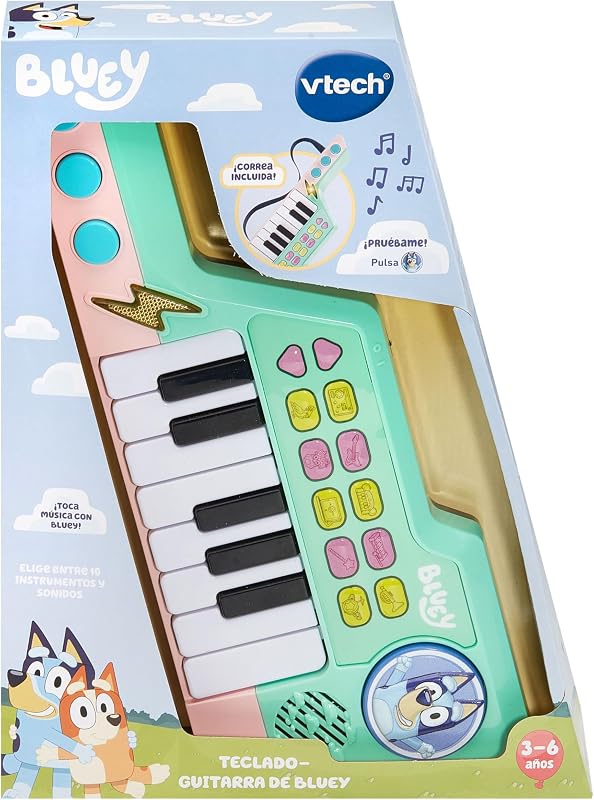 - Bluey's Teclado-Guitarra, Piano e Guitarra Interativa 2 em 1, escolha entre 10 instrumentos e sons, CRIE as Suas Próprias Melodias, Presente para crianças +3 anos, Versão ESP