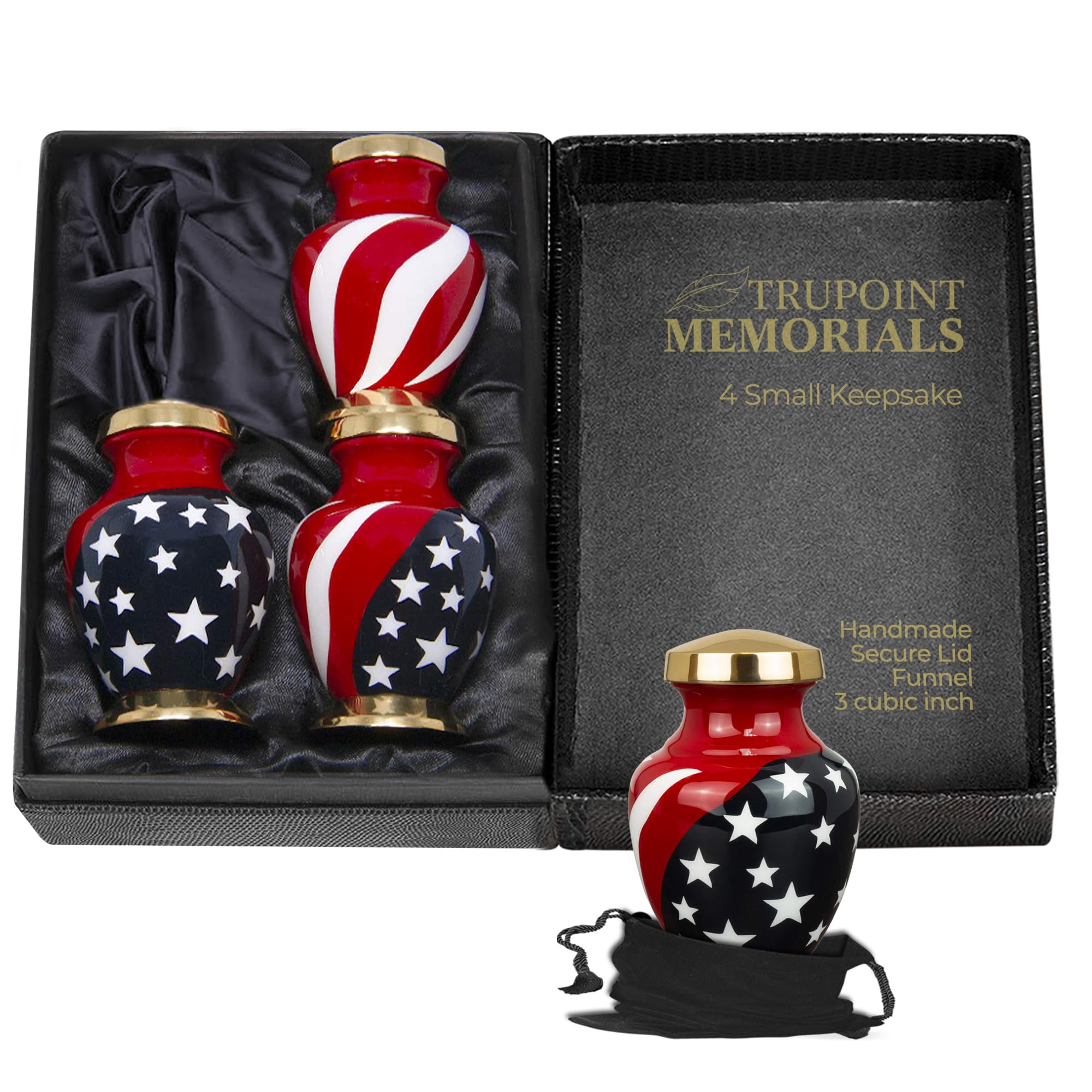 Trupoint Set of 4 Small Urns for Human Ashes Adult Male or Female - Holds 0.75 Lbs. Per Mini Urn, 2.75" x 1.75" Mini Cremation Urns, Keepsake Burial Urns with Case & Bags - Flag Red.